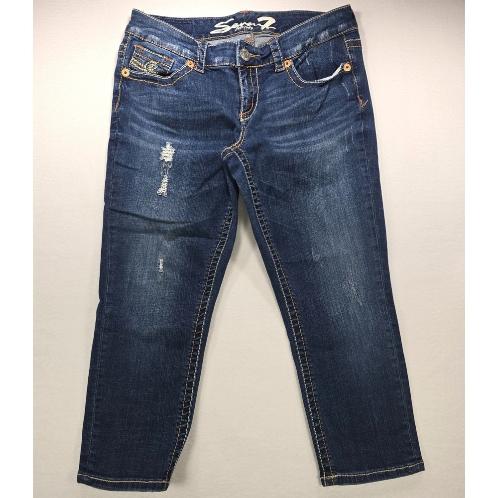 Seven7 Women Distressed Dark Wash Cropped Jeans Blue Size 12 Denim Pants